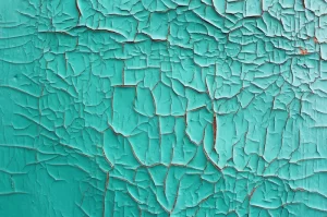 Close-up photo of teal-colored paint alligatoring and flaking off