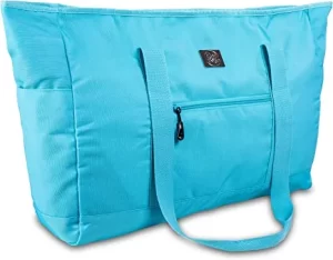 Photograph of an aqua blue or turquoise beach bag or tote