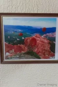 Photograph of a framed picture which has been messed up with ketchup splatters or a grimy image