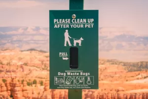 Sign and facility instructing visitors to clean up after their pet dogs at Bryce Canyon National Park Utah