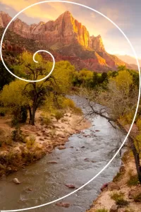 Graphic of the golden mean spiral overlayed on Zion National Park's Watchmen photograph