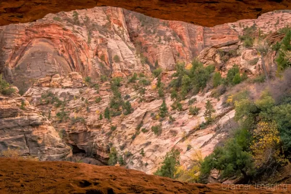 Cramer Imaging's fine art landscape photograph of an autumn canyon view from a Zion's National Park cave in Utah