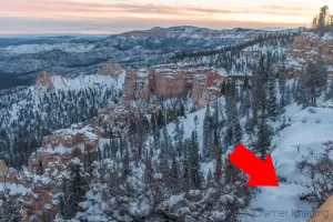 Graphic showing the unintentional addition of railing into a landscape photograph