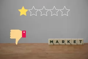 Graphic showing a very poor or bad market reputation with 1 out of 5 stars and a thumbs-down