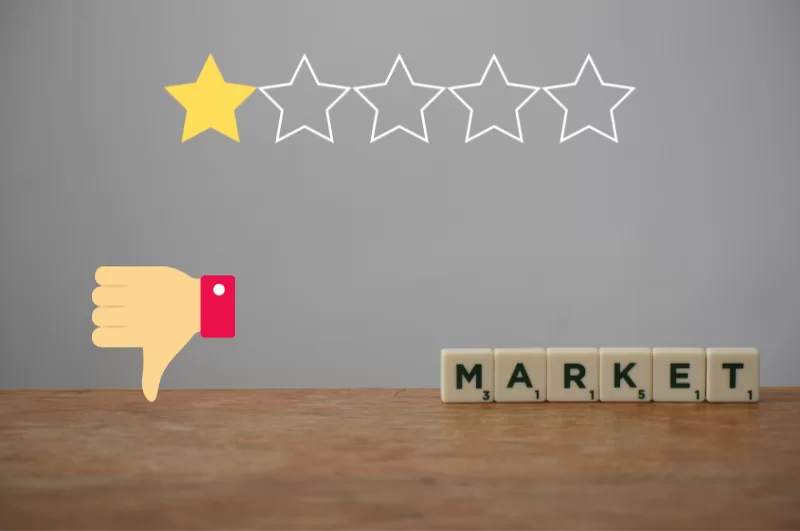 Graphic showing a very poor or bad market reputation with 1 out of 5 stars and a thumbs-down