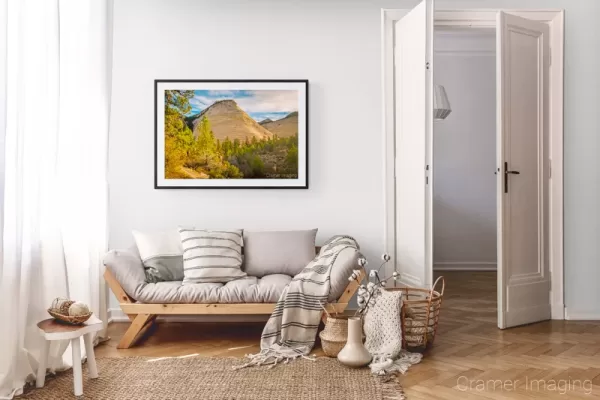 Photograph of Cramer Imaging's landscape photo "Autumn Checkerboard Mesa" in a cozy neutral-toned living room