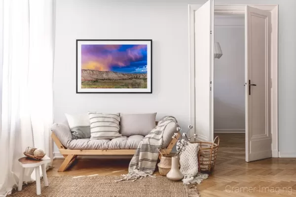 Photograph of Cramer Imaging's landscape photo "Cannonville Rainbow" in a cozy neutral-toned living room