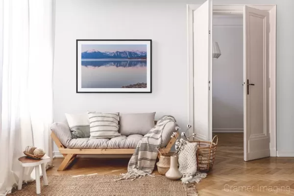 Photograph of Cramer Imaging's landscape photo "Henry's Lake" in a cozy neutral-toned living room