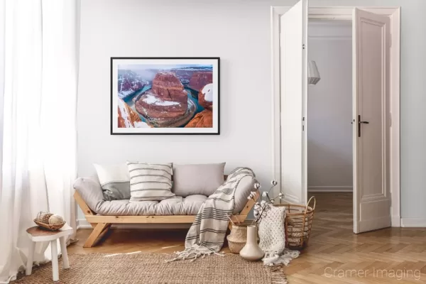 Photograph of Cramer Imaging's landscape photo "Horseshoe Bend" in a cozy neutral-toned living room