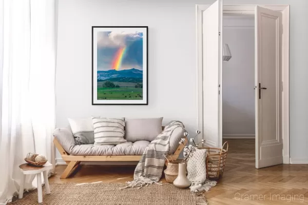 Photograph of Cramer Imaging's landscape photo "Idyllic" in a cozy neutral-toned living room