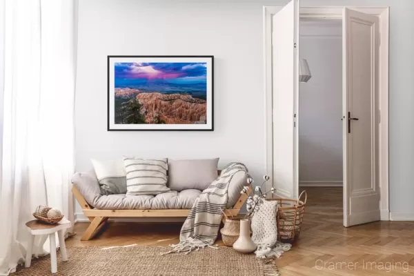 Photograph of Cramer Imaging's landscape photo "Into the Storm" in a cozy neutral-toned living room