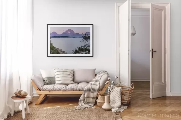 Photograph of Cramer Imaging's landscape photo "Jackson Lake" in a cozy neutral-toned living room