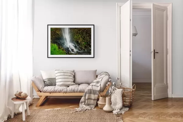 Photograph of Cramer Imaging's landscape photo "Moss on the Rocks" in a cozy neutral-toned living room