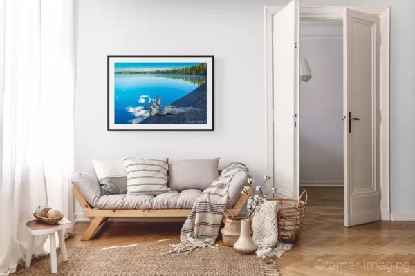 Photograph of Cramer Imaging's landscape photo "Lewis Lake Reflections" in a cozy neutral-toned living room