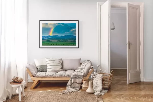 Photograph of Cramer Imaging's landscape photo "Rural Rainbow" in a cozy neutral-toned living room