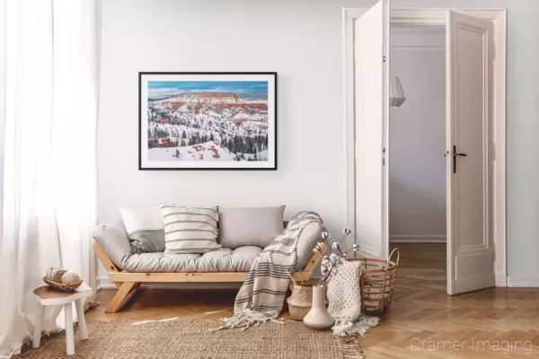 Photograph of Cramer Imaging's landscape photo "Snow Boat" in a cozy neutral-toned living room