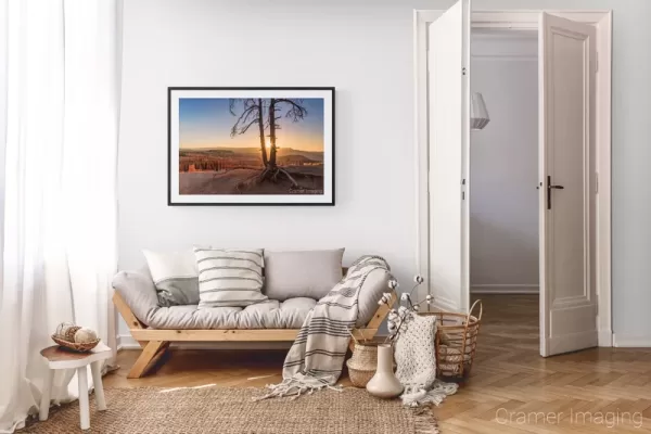 Photograph of Cramer Imaging's landscape photo "Sun Dance" in a cozy neutral-toned living room