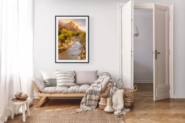 Photograph of Cramer Imaging's landscape photo "The Watchmen" in a cozy neutral-toned living room