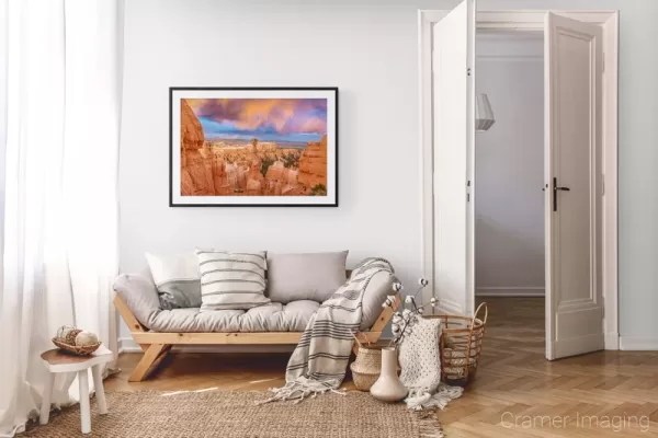 Photograph of Cramer Imaging's landscape photo "Thor's Wrath" in a cozy neutral-toned living room