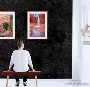 Photograph of a couple Cramer Imaging landscape photos displayed on a simple museum-style gallery wall