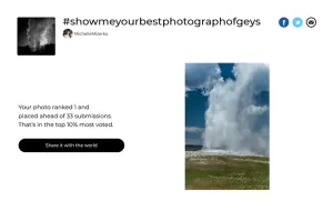 Screenshot of "Old Faithful with Wildflowers" winning the popular vote of a Viewbug challenge