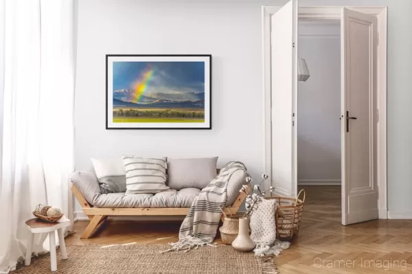 Photograph of Cramer Imaging's landscape photo "Broken Rainbow" in a cozy neutral-toned living room