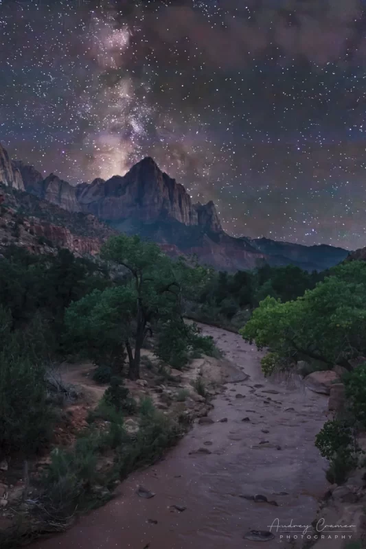 Audrey Cramer Photography's fine art astro landscape photograph of the Milky Way rising over top of the Virgin River and Watchmen peak at Zion National Park Utah