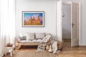 Photograph of Cramer Imaging's landscape photo "Three Sisters" in a cozy neutral-toned living room