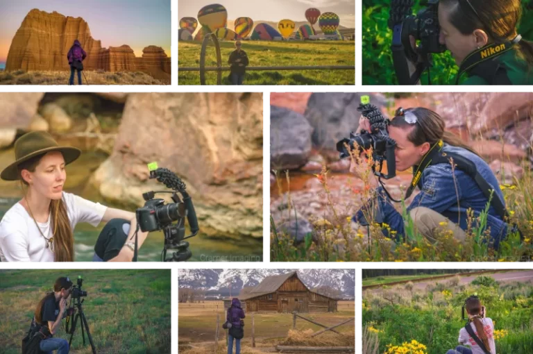 Collage of BTS or behind-the-scenes photos of landscape photographer Audrey Cramer