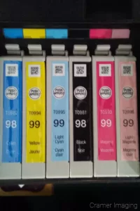 Cramer Imaging's photograph of six base level archival ink cartridges for a photo quality inkjet printer