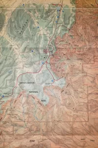 Closeup of a map of Bryce Canyon including a little of the surrounding area