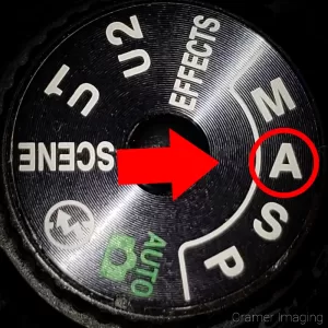 Cramer Imaging's close-up photograph of a DSLR camera settings dial showing off Aperture Priority mode