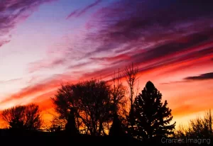 Professional quality nature photograph of a multi-colored sunset with trees in silhouette in Pocatello, Bannock, Idaho by Cramer Imaging