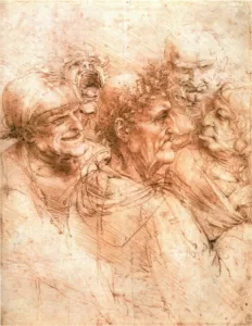 Scan of Leonardo Da Vinci's study of 5 grotesque heads