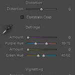 Display of Lightroom's lens correction defringing sliders