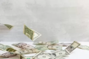 Picture of a pile of dollar bills or money with a couple more falling into the pile