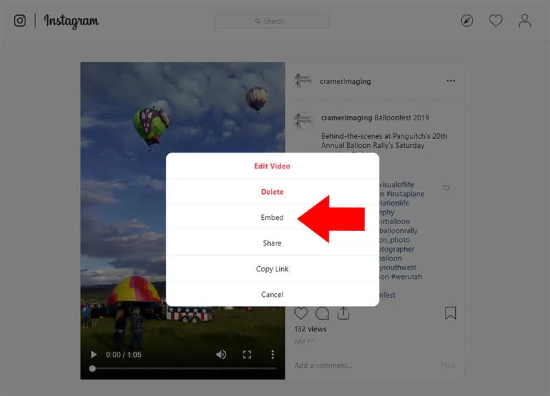 Screenshot of the options on a Cramer Imaging IGTV video