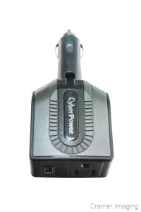 Cramer Imaging's photograph of a AC/DC power inverter with outlet and USB plug for the cigarette lighter in a car