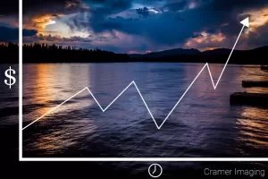 generic graphic of investing overlayed on Cramer Imaging's fine art landscape photograph of Island Park Reservoir