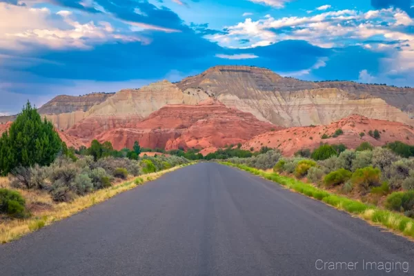 Cramer Imaging's fine art landscape photograph of the road into Kodachrome State Park, Utah with dramatic skies