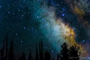 Cramer Imaging's fine art photograph of the Milky Way glowing in the eastern sky with foreground trees in silhouette