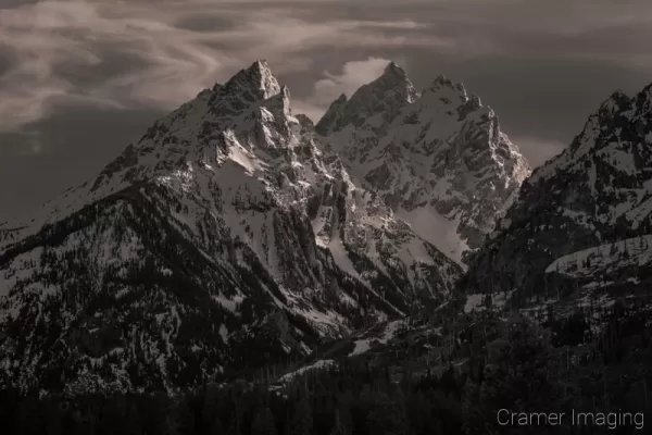 Cramer Imaging's black and white landscape photograph of Teewinot Mountain in Grand Teton National Park, Wyoming