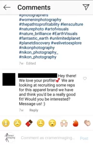 Example of an off-topic and spammy comment on Instagram