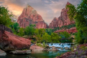 Cramer Imaging's fine art landscape photograph of a waterfall on Virgin River in Court of the Patriarchs in Zion National Park Utah