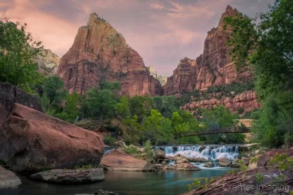 Cramer Imaging's fine art landscape photograph of a waterfall on Virgin River in Court of the Patriarchs in Zion National Park Utah