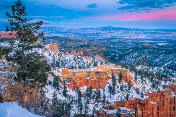 Cramer Imaging's fine art landscape photograph of a winter sunset at blue hour in Bryce Canyon National Park Utah