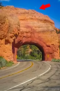 Graphic of a Red Canyon arch tunnel with a red arrow pointing to the top of the structure in Utah