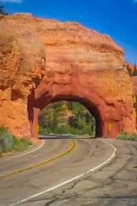 Photograph of one of the arch tunnels on the road in Red Canyon Utah