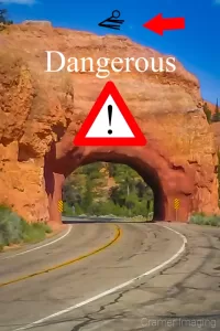 Graphic of a Red Canyon arch tunnel with a red arrow pointing to a stuntman graphic the top of the structure with a danger warning in Utah