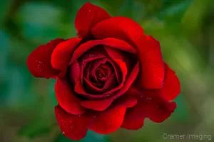 Cramer Imaging's fine art nature photograph of a red rose flower shot from top down with soft green bokeh